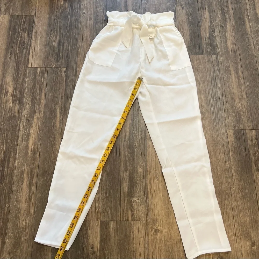Women’s Elastic Tie Front High Waisted Belted Pants White Pocket Size M